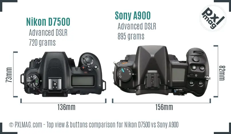 Nikon D7500 vs Sony A900 top view buttons comparison