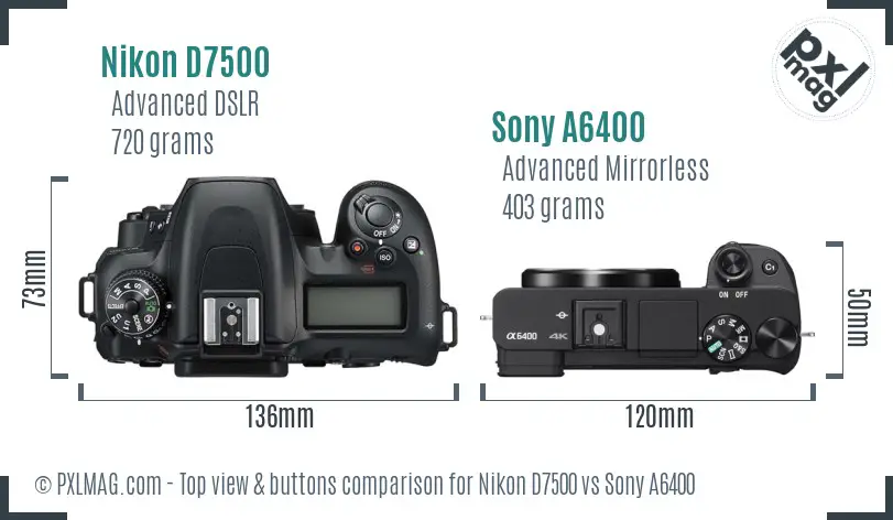 Nikon D7500 vs Sony A6400 top view buttons comparison Nikon D7500 vs Sony A6400 top view buttons comparison
