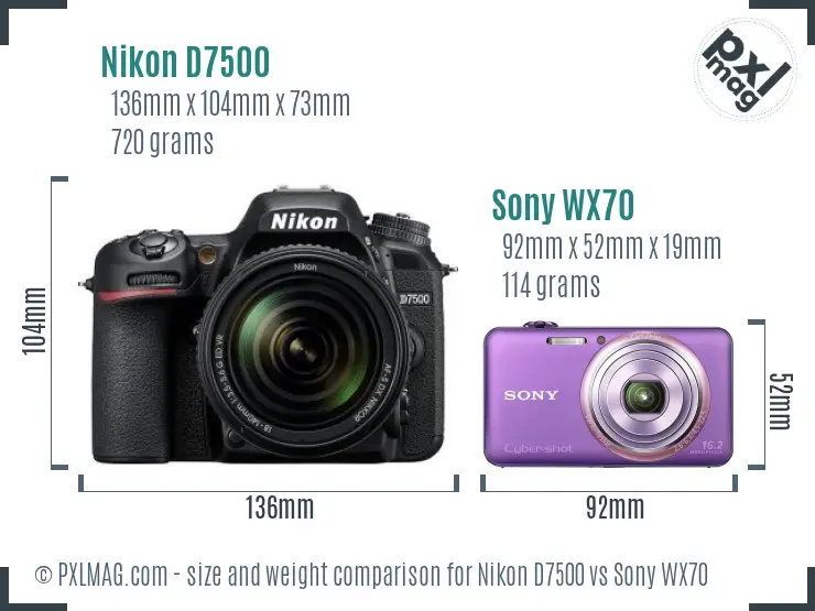 Nikon D7500 vs Sony WX70 size comparison