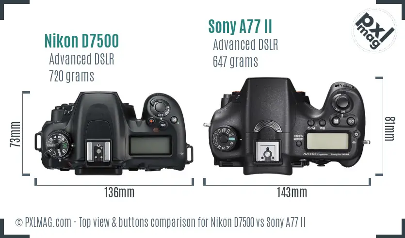 Nikon D7500 vs Sony A77 II top view buttons comparison