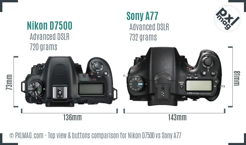 Nikon D7500 vs Sony A77 top view buttons comparison