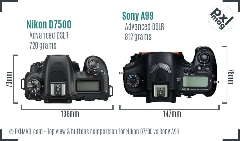 Nikon D7500 vs Sony A99 top view buttons comparison