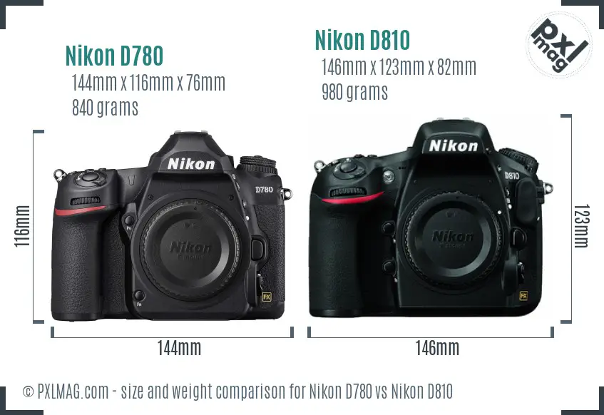 Nikon D780 vs Nikon D810 size comparison