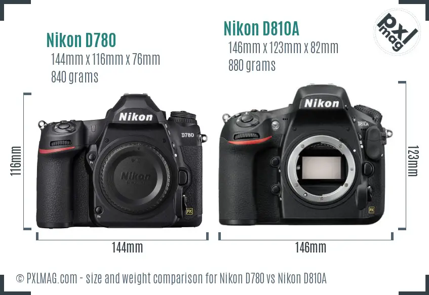 Nikon D780 vs Nikon D810A size comparison