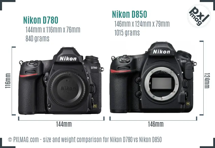Nikon D780 vs Nikon D850 size comparison