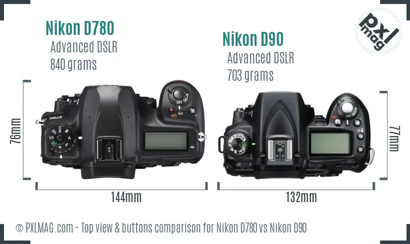 Nikon D780 vs Nikon D90 top view buttons comparison