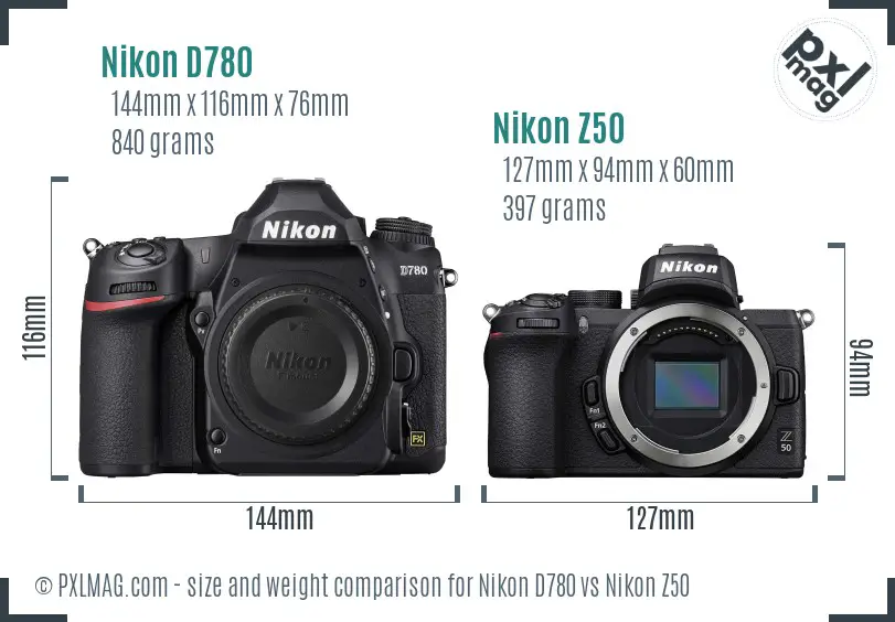 Nikon D780 vs Nikon Z50 size comparison