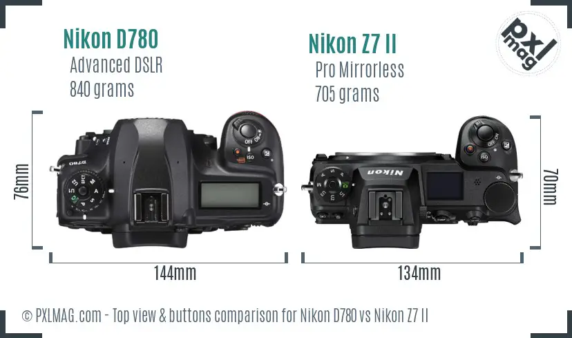 Nikon D780 vs Nikon Z7 II top view buttons comparison