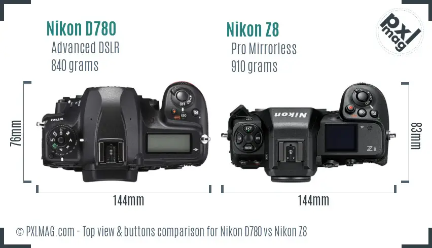 Nikon D780 vs Nikon Z8 top view buttons comparison Nikon D780 vs Nikon Z8 top view buttons comparison