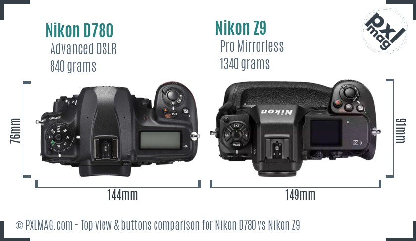 Nikon D780 vs Nikon Z9 top view buttons comparison