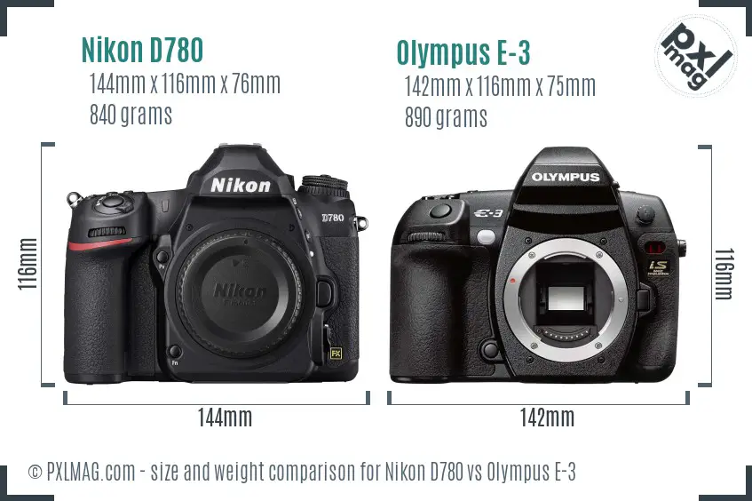 Nikon D780 vs Olympus E-3 size comparison