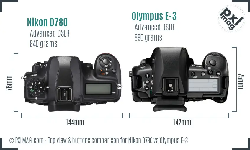 Nikon D780 vs Olympus E-3 top view buttons comparison