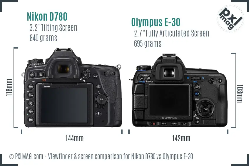 Nikon D780 vs Olympus E-30 Screen and Viewfinder comparison