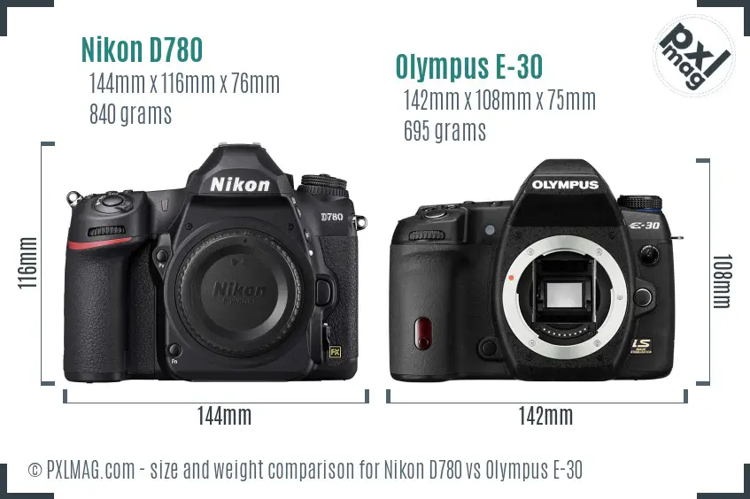 Nikon D780 vs Olympus E-30 size comparison