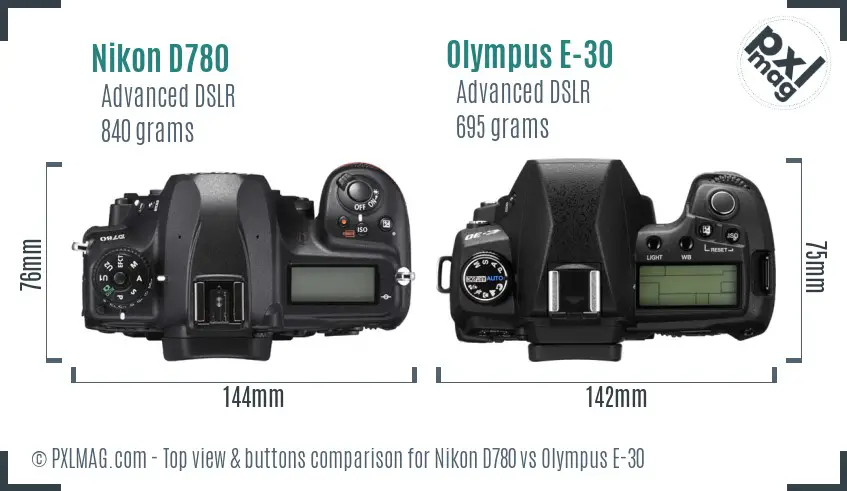 Nikon D780 vs Olympus E-30 top view buttons comparison