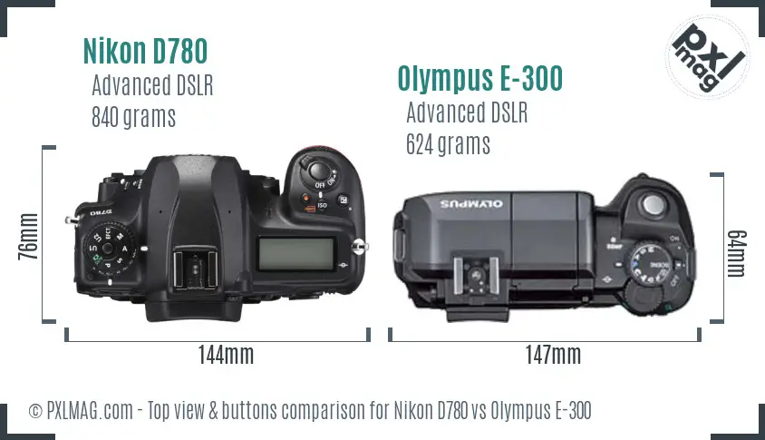 Nikon D780 vs Olympus E-300 top view buttons comparison