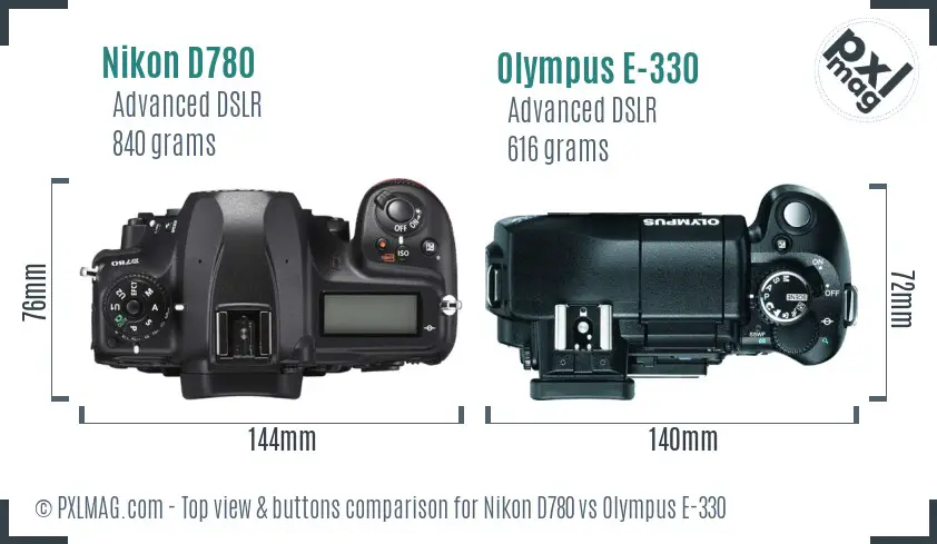 Nikon D780 vs Olympus E-330 top view buttons comparison