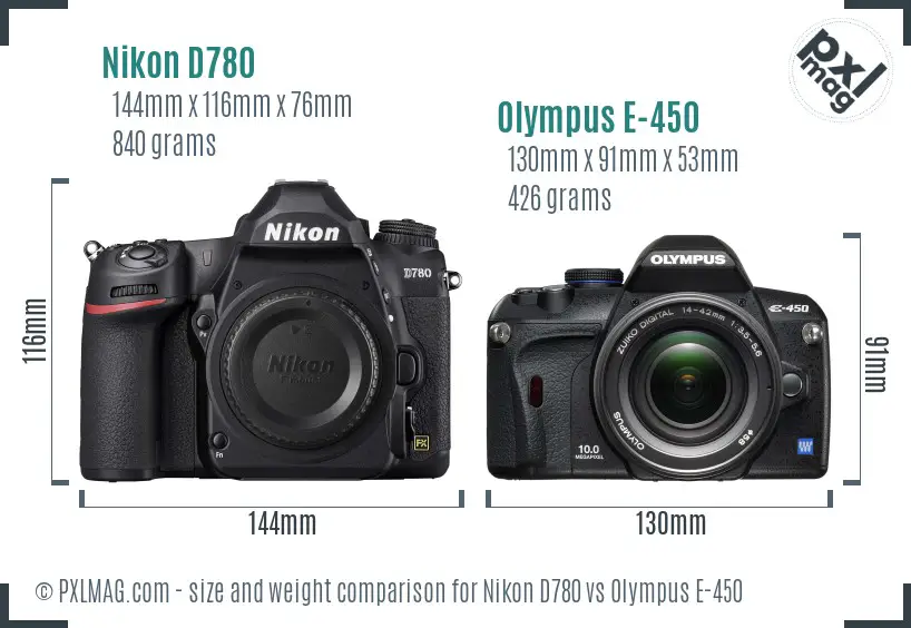 Nikon D780 vs Olympus E-450 size comparison