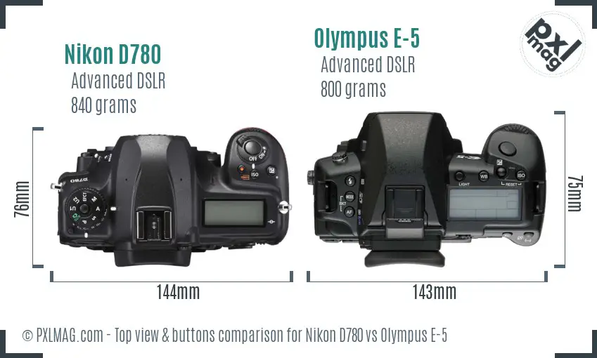 Nikon D780 vs Olympus E-5 top view buttons comparison