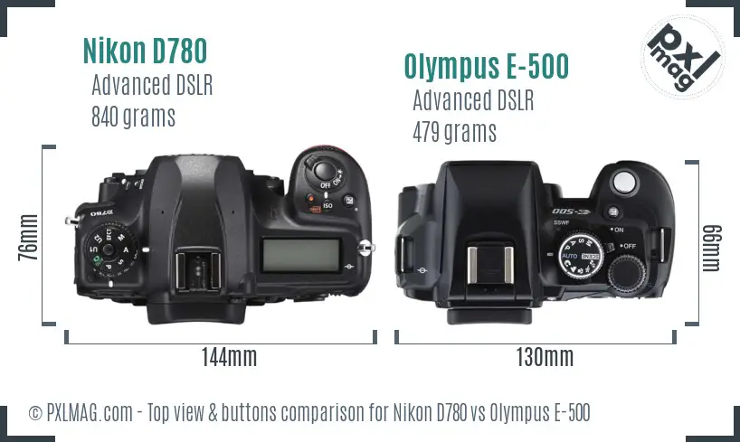 Nikon D780 vs Olympus E-500 top view buttons comparison