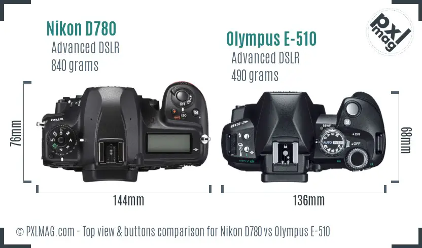 Nikon D780 vs Olympus E-510 top view buttons comparison