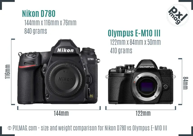 Nikon D780 vs Olympus E-M10 III size comparison