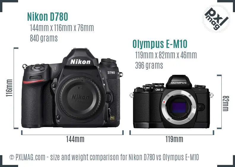 Nikon D780 vs Olympus E-M10 size comparison