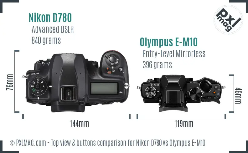 Nikon D780 vs Olympus E-M10 top view buttons comparison