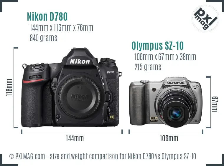 Nikon D780 vs Olympus SZ-10 size comparison