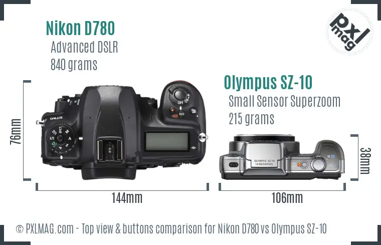 Nikon D780 vs Olympus SZ-10 top view buttons comparison