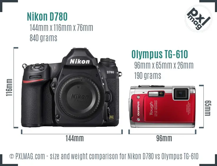 Nikon D780 vs Olympus TG-610 size comparison