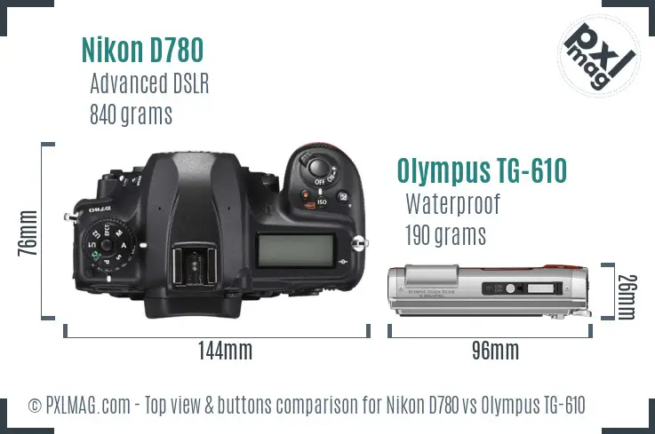Nikon D780 vs Olympus TG-610 top view buttons comparison