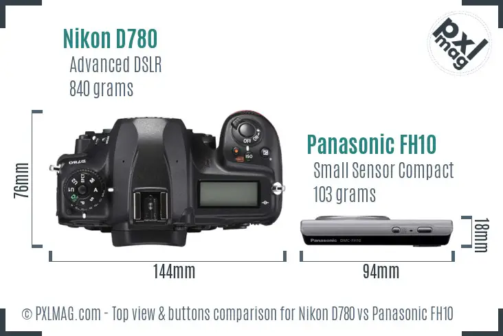 Nikon D780 vs Panasonic FH10 top view buttons comparison