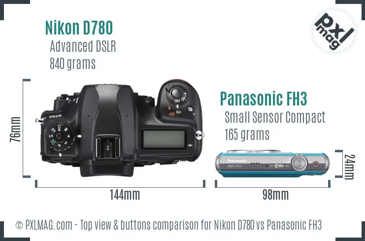 Nikon D780 vs Panasonic FH3 top view buttons comparison
