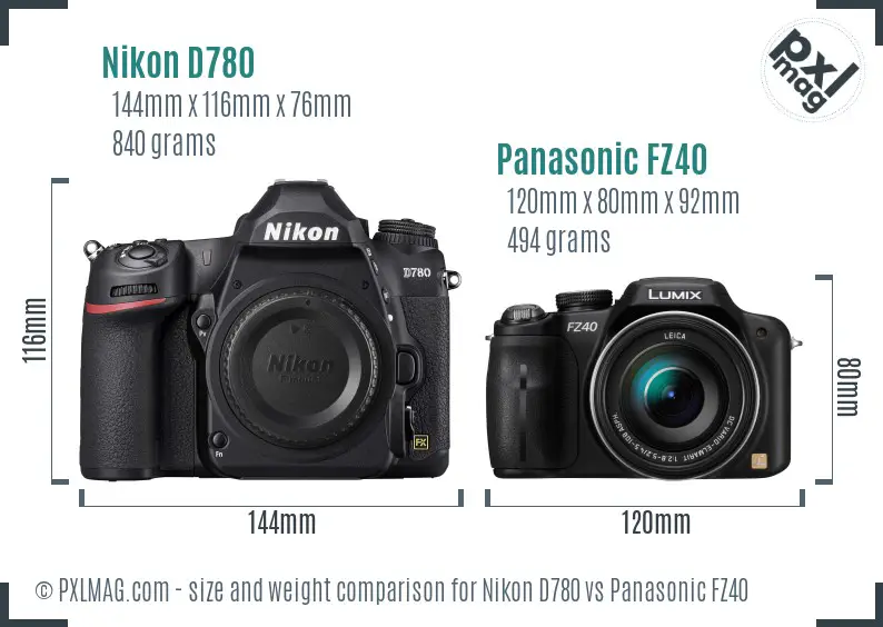Nikon D780 vs Panasonic FZ40 size comparison