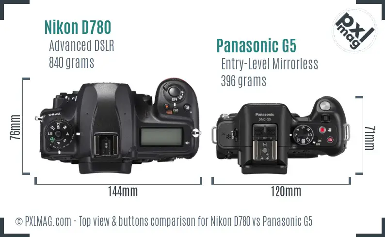 Nikon D780 vs Panasonic G5 top view buttons comparison