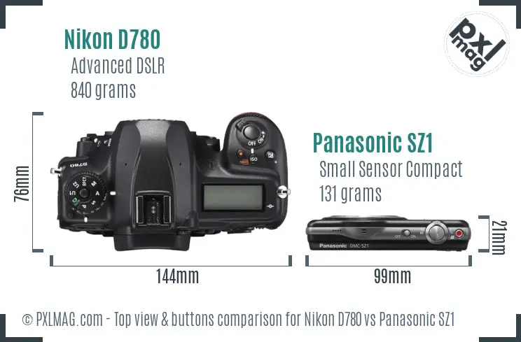 Nikon D780 vs Panasonic SZ1 top view buttons comparison