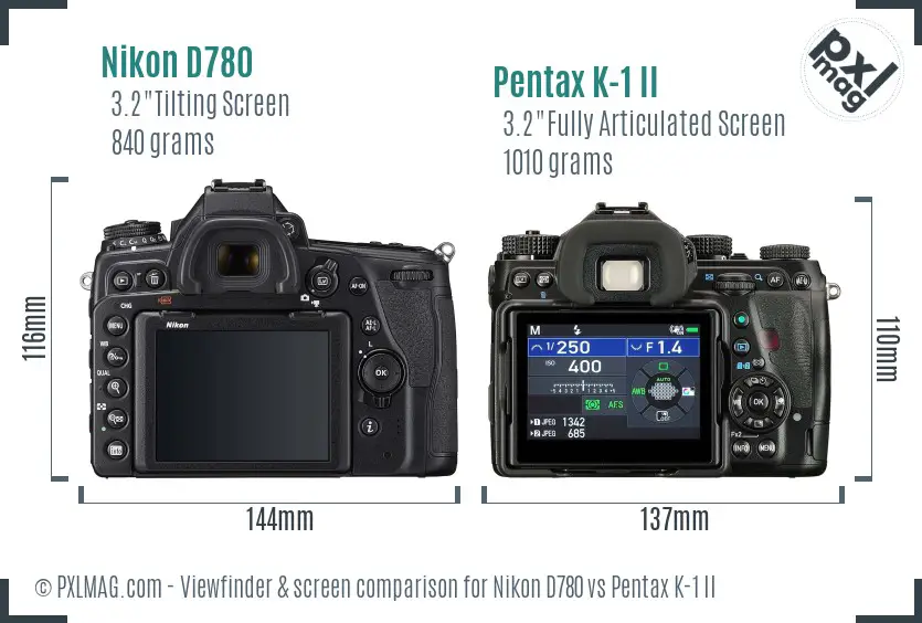 Nikon D780 vs Pentax K-1 II Screen and Viewfinder comparison