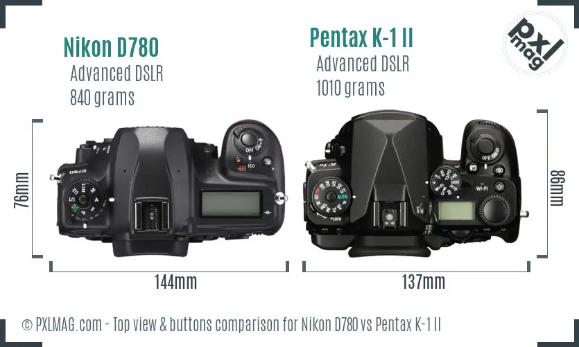 Nikon D780 vs Pentax K-1 II top view buttons comparison