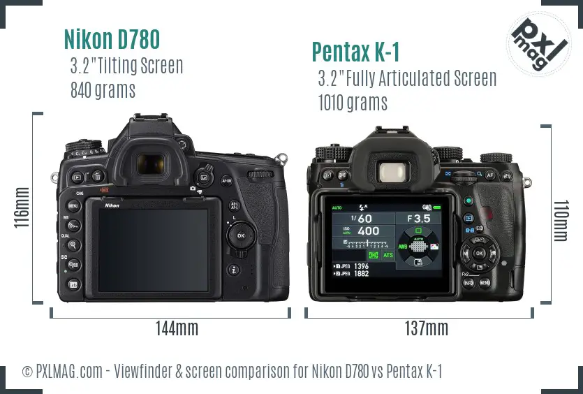 Nikon D780 vs Pentax K-1 Screen and Viewfinder comparison