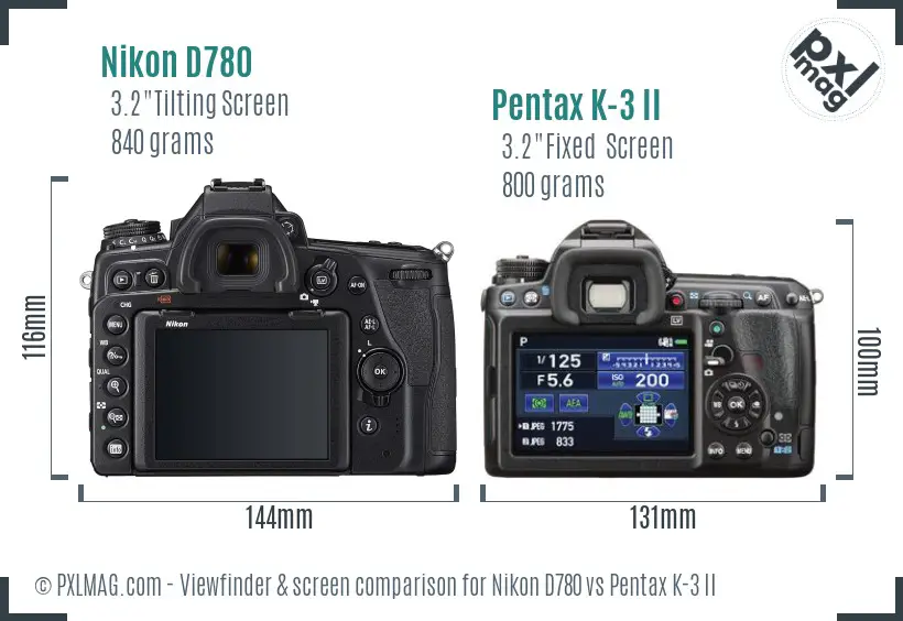 Nikon D780 vs Pentax K-3 II Screen and Viewfinder comparison