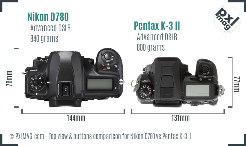 Nikon D780 vs Pentax K-3 II top view buttons comparison
