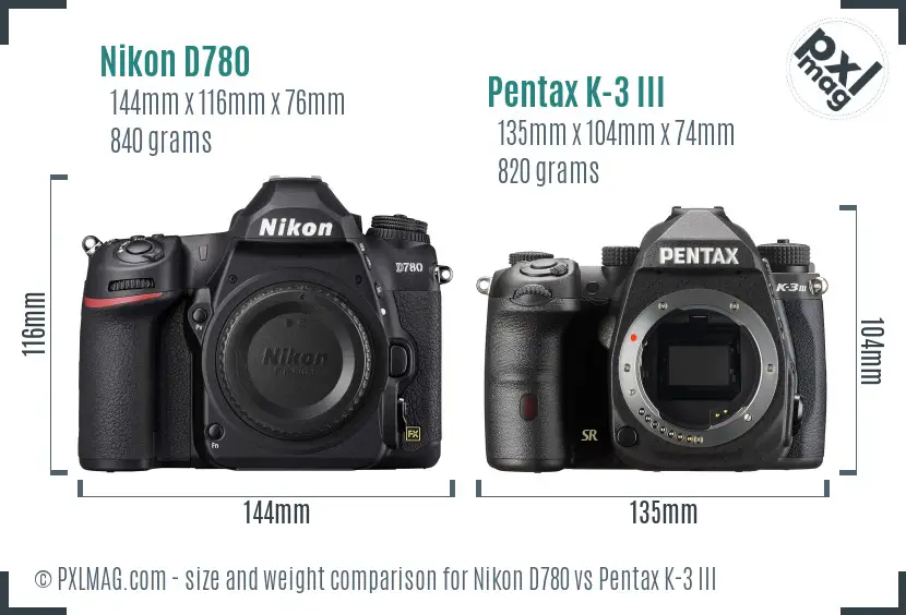 Nikon D780 vs Pentax K-3 III size comparison