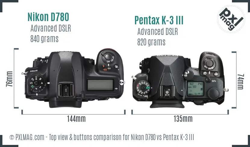 Nikon D780 vs Pentax K-3 III top view buttons comparison