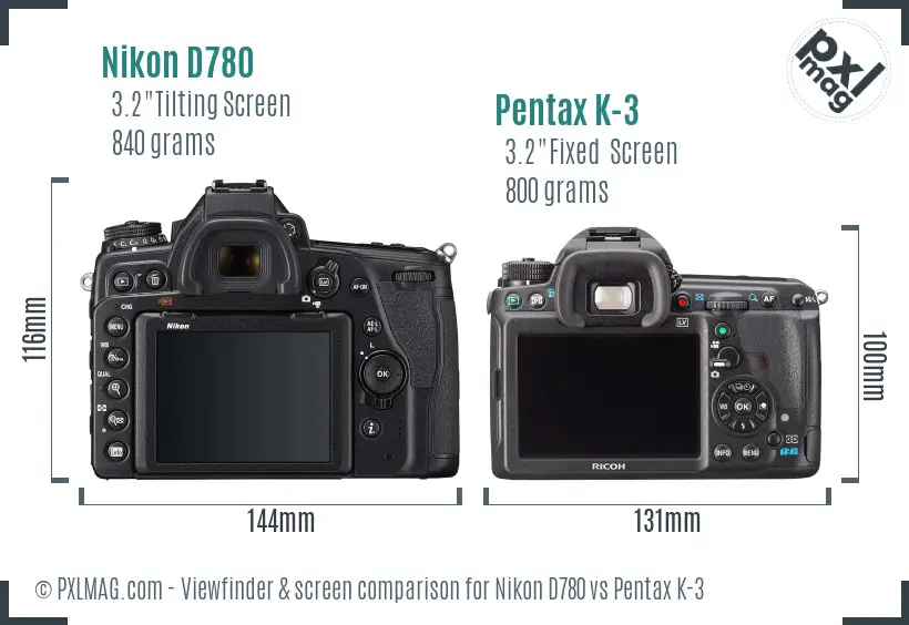 Nikon D780 vs Pentax K-3 Screen and Viewfinder comparison