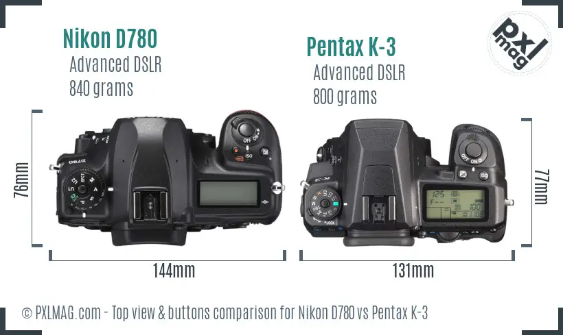 Nikon D780 vs Pentax K-3 top view buttons comparison