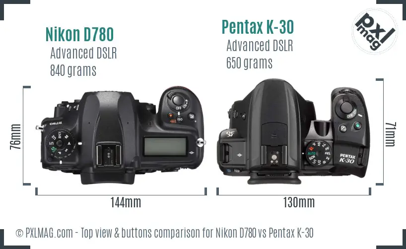 Nikon D780 vs Pentax K-30 top view buttons comparison