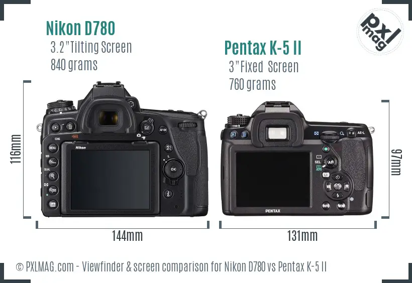 Nikon D780 vs Pentax K-5 II Screen and Viewfinder comparison