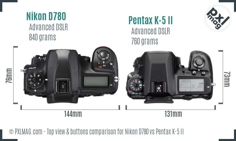 Nikon D780 vs Pentax K-5 II top view buttons comparison
