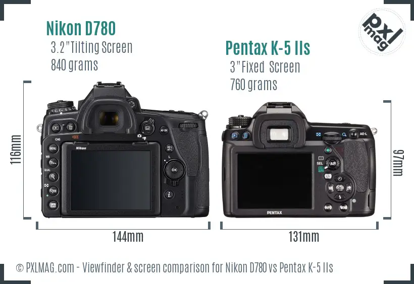 Nikon D780 vs Pentax K-5 IIs Screen and Viewfinder comparison